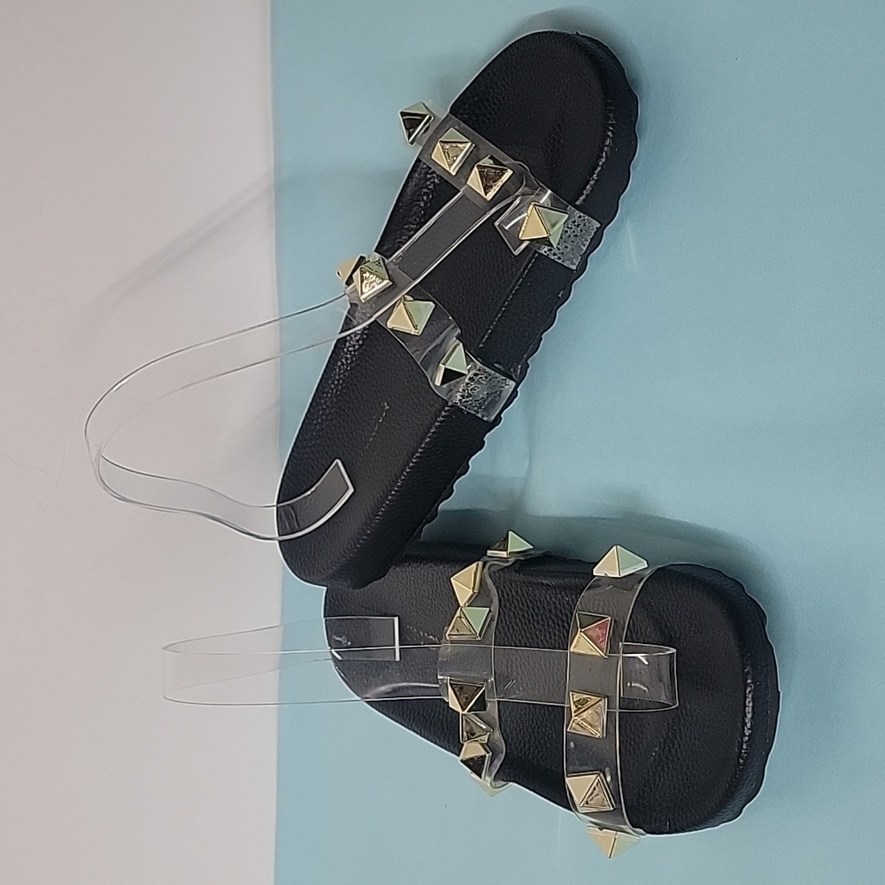 Fashion Nova Black Clear Strap Gold Pyramid Accamt Sandals Size 8
